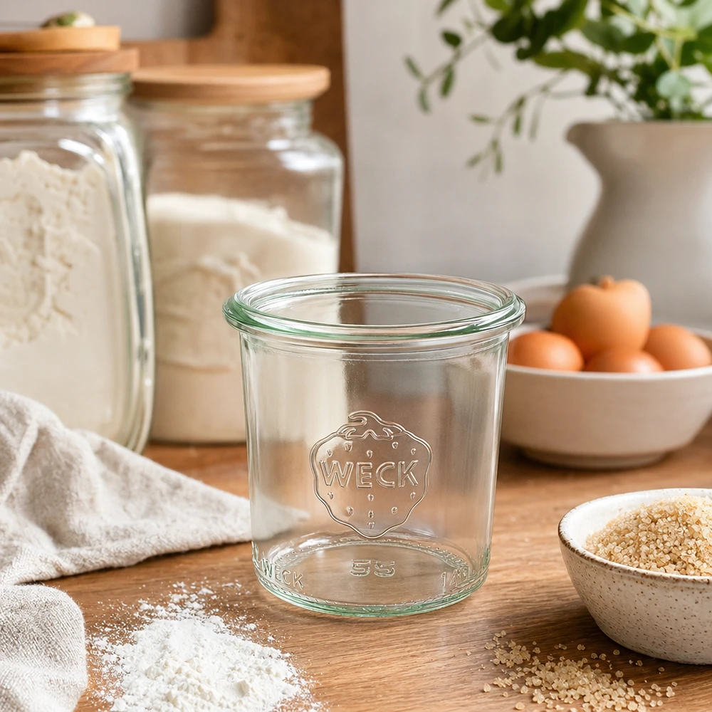 Bicchieri da 140 ml WECK RR60 Vaso da 140ml WECK RR60 con logo su tavolo in legno in cucina moderna con barattoli e ingredienti