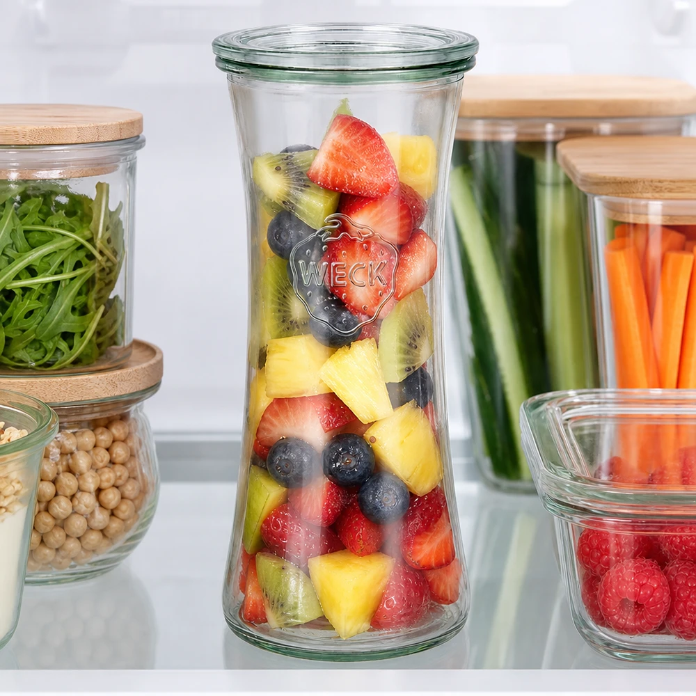 Barattolo da 700 ml con coperchio in vetro WECK RR80 WECK Delikatessenglas 700ml RR80 mit buntem Obstsalat im Kühlschrank - perfekte Vorratshaltung für frische Früchte