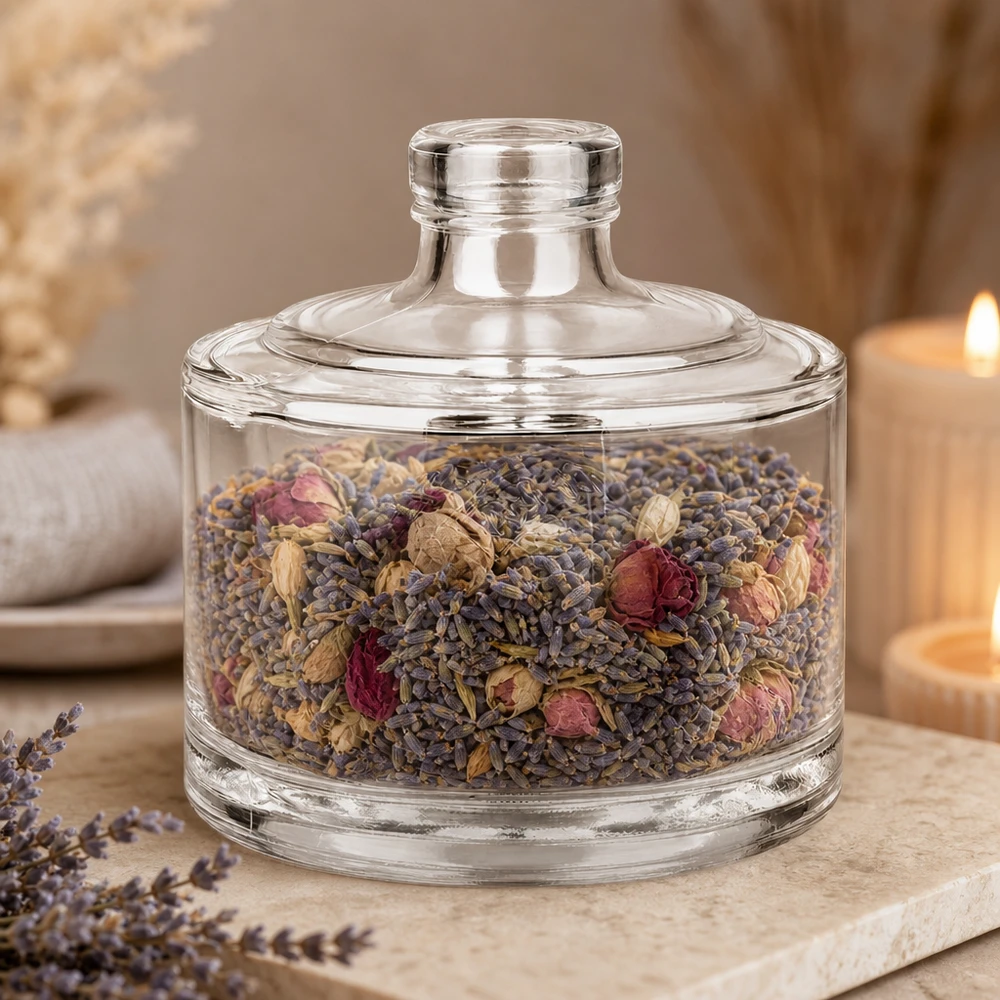 200ml Glasflasche "Barbara" ohne Verschluss UNiTWIST 200ml Glasflasche Barbara mit Lavendel und Rosenblüten befüllt als elegante Aromatherapie Dekoration im Spa Ambiente