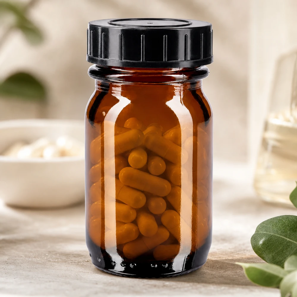Bottiglia piccola da 30 ml in vetro ambrato con ampia apertura, ideale per pillole e integratori