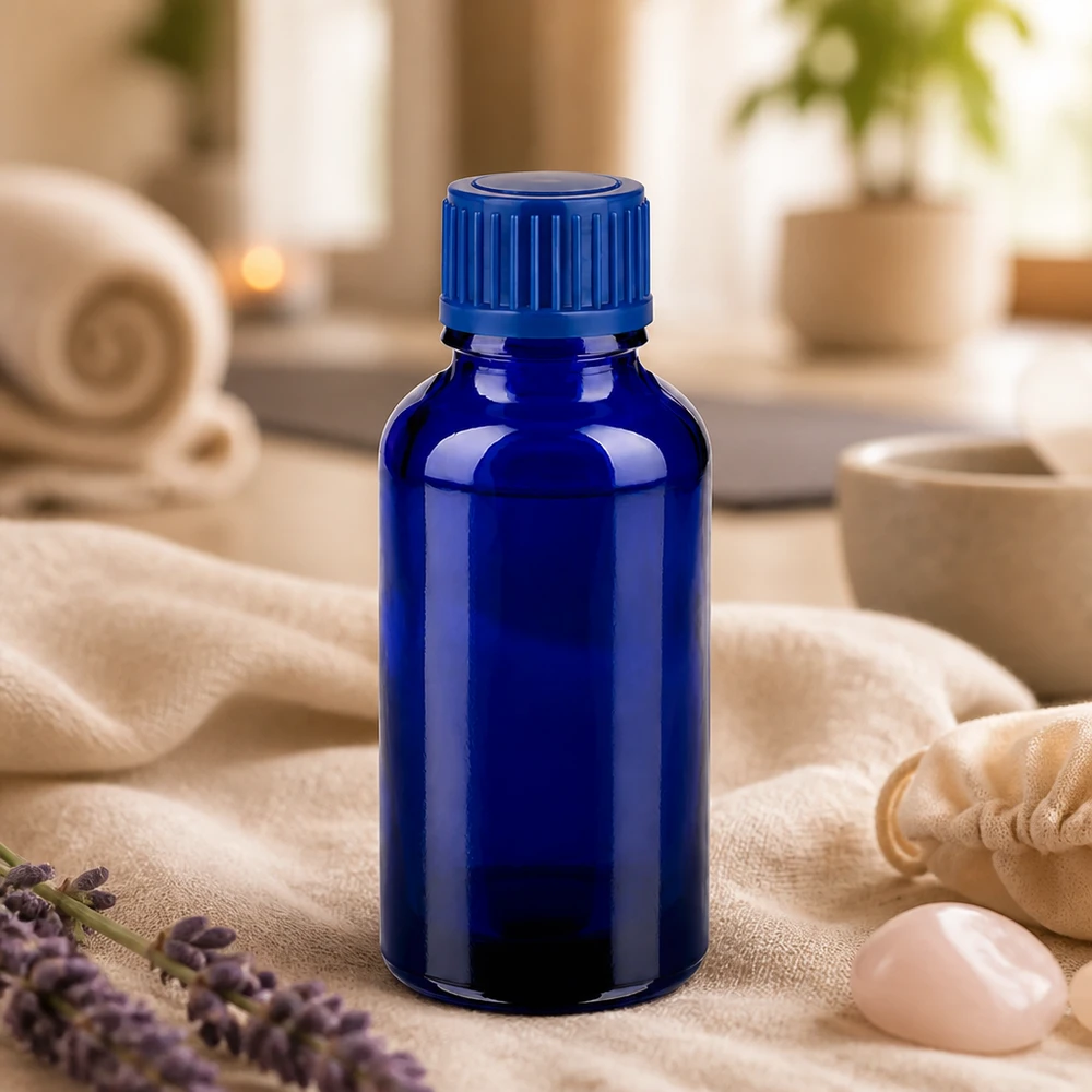 Flacone in vetro di qualità da laboratorio da 30 ml in elegante blu per la conservazione sicura dei principi attivi