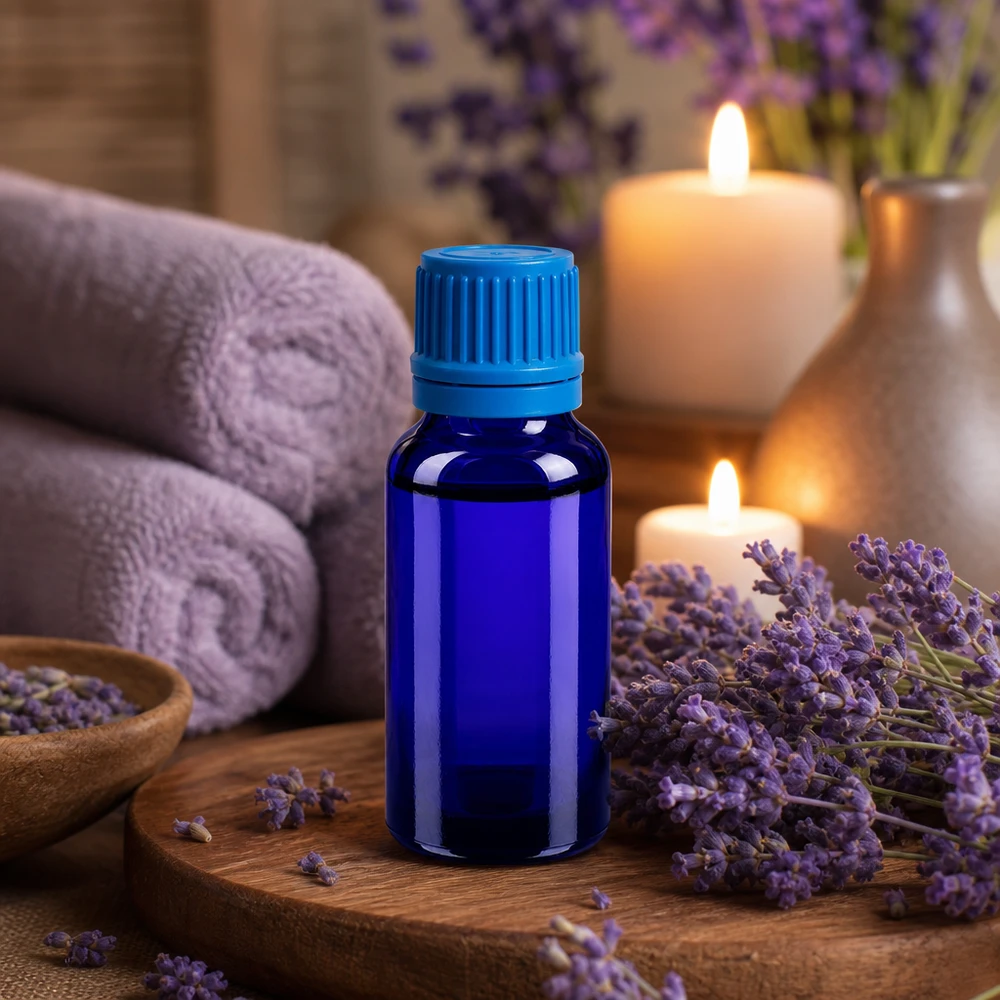 Flacone compatto da 20 ml in blu cobalto con tappo a prova di bambino per aromaterapia