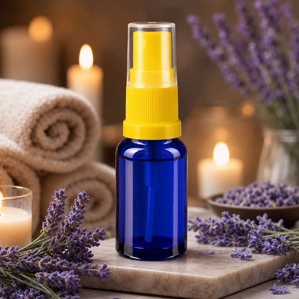 Apothekenflasche blau 10ml Sprayaufsatz gelb Kobaltblaue Phiole 10ml mit gelbem Dosierer in entspannter Wellness Spa Atmosphäre