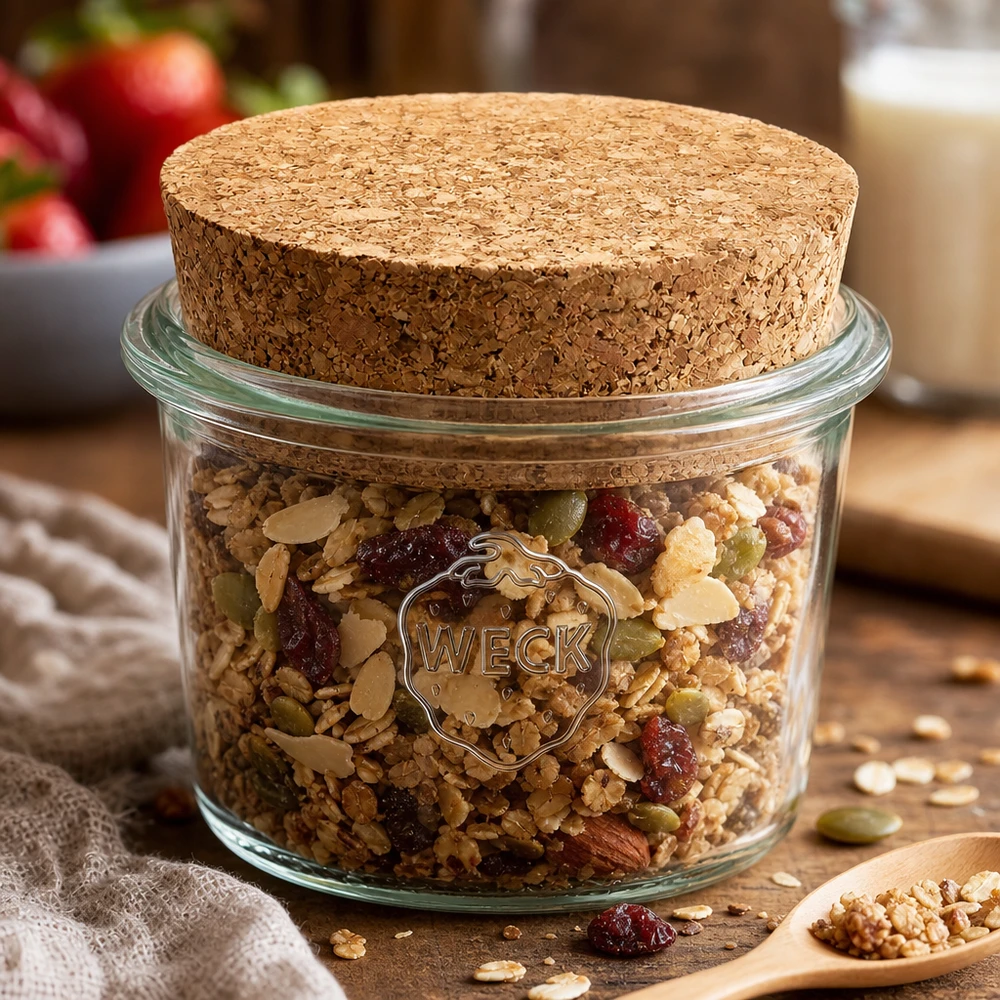 35ml Sturzglas WECK RR40 mit Korken natur WECK RR40 Sturzglas 35ml mit Korken gefüllt mit Müsli Nüssen Trockenfrüchten als Vorratsglas in der Küche
