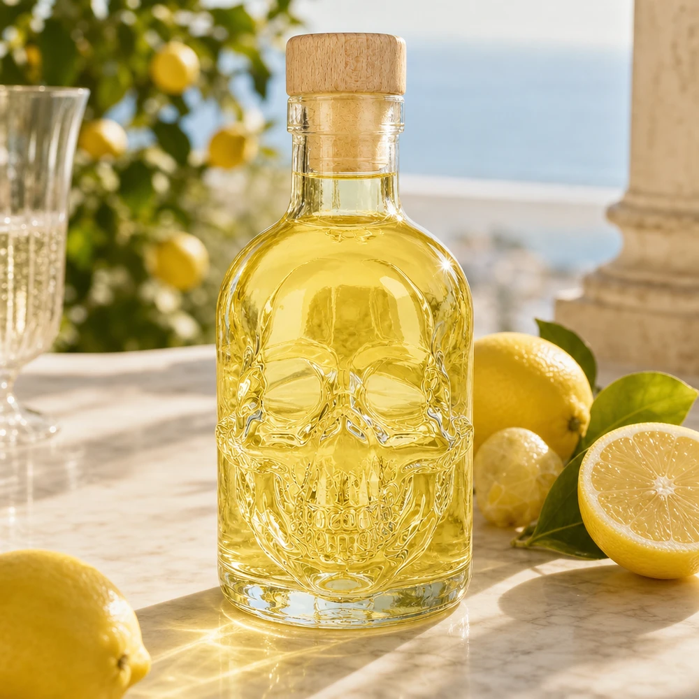 Bottiglia in vetro da 200 ml Jack con tappo in sughero con impugnatura in legno UNiTWIST® Dekorative Glasflasche Jack 200ml mit gelbem Inhalt zwischen Zitronen, stilvolle Küchendeko mit Totenkopf-Relief