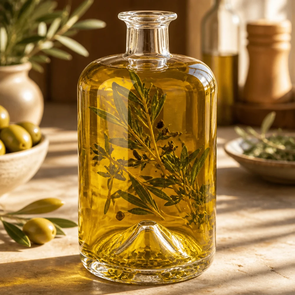 Flacone farmaceutico da 700 ml Sofia senza tappo UNiTWIST® Sofia, bottiglia di vetro da 700 ml riempita di olio d'oliva ed erbe aromatiche, decorata su un tavolo di legno come esempio di utilizzo.