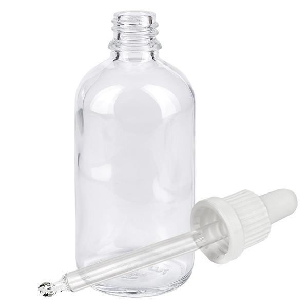 Flacone per pipette da 100 ml bianco OV ClearLine UT18/100 Flacone di vetro vuoto da 100 ml con pipetta in plastica bianca per applicazioni di laboratorio