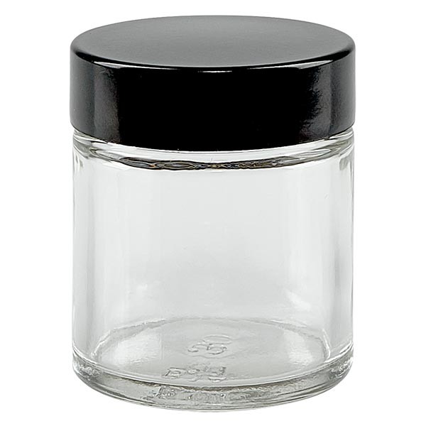 Barattolo di vetro trasparente da 30 ml, con coperchio in bachelite nera ApoGlas Barattolo di vetro trasparente da 30 ml, con coperchio in bachelite nera ApoGlas