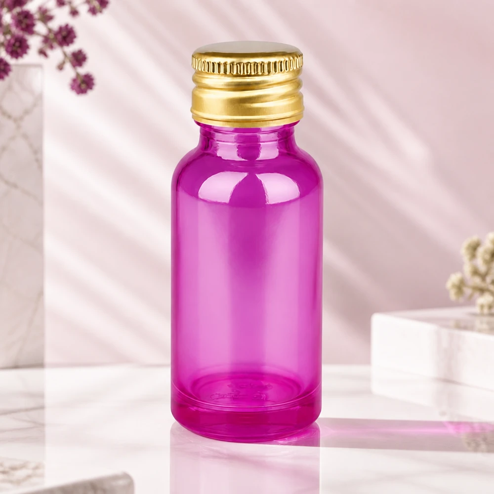 20ml Flasche 11mm Schraubverschluss Alu-Gold Standard PurpleLine. UT18/20 Elegante 20ml Purple-Flasche mit goldenem Aluminiumverschluss ideal für hochwertige Naturkosmetik-Produkte
