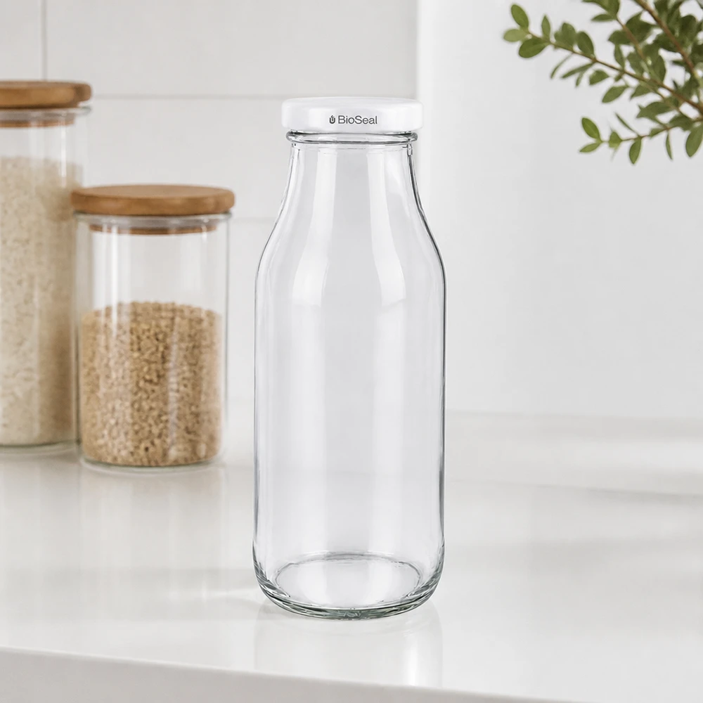UNiTWIST Bottle263 bottiglia di vetro con coperchio bianco TO43 BioSeal su piano di lavoro bianco accanto a vasi di stoccaggio