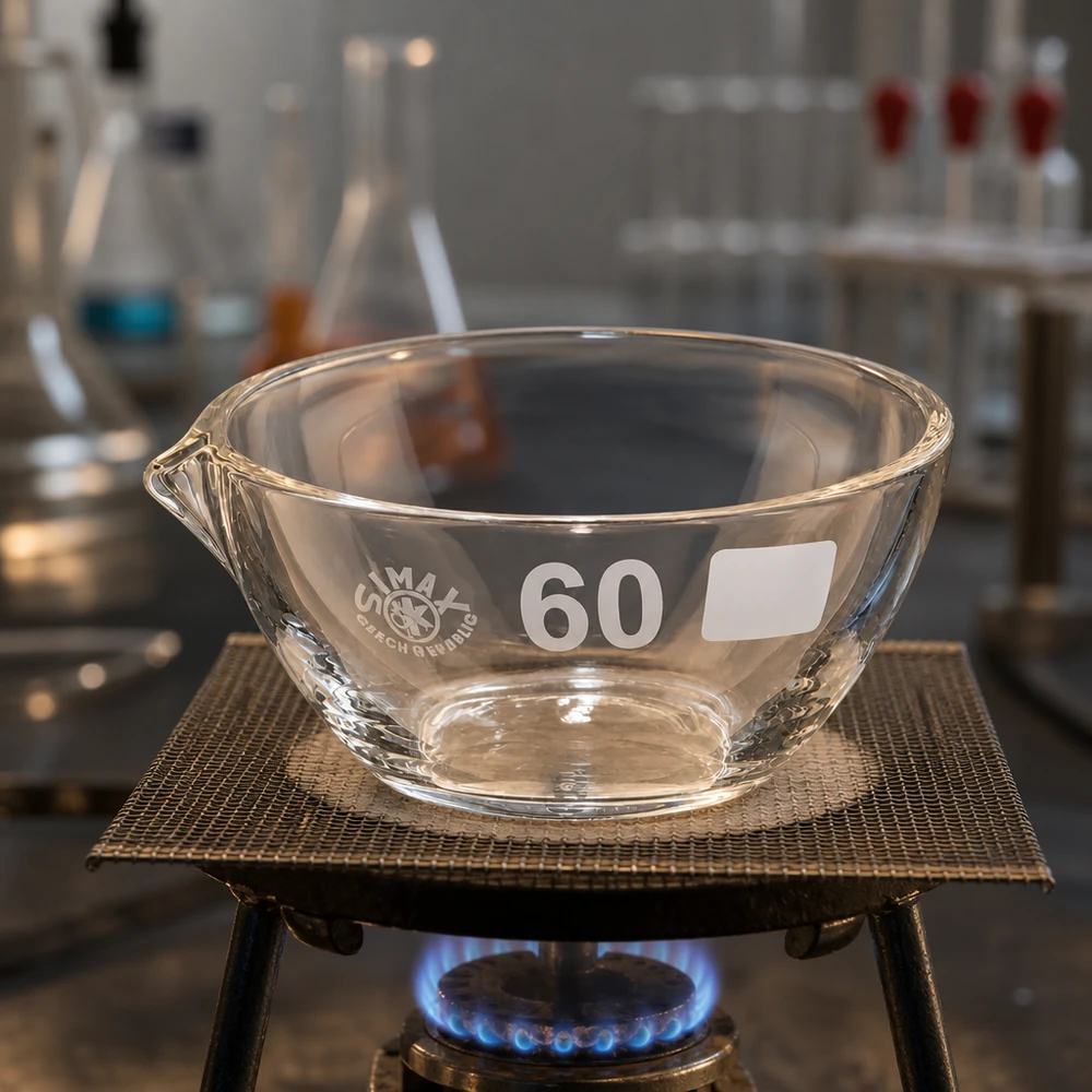 Capsule d’évaporation 45 ml en verre borosilicate, avec bec verseur Bol d'évaporation polyvalent 45ml borosilicate ø60mm avec bec verseur pour l'évaporation et la cristallisation