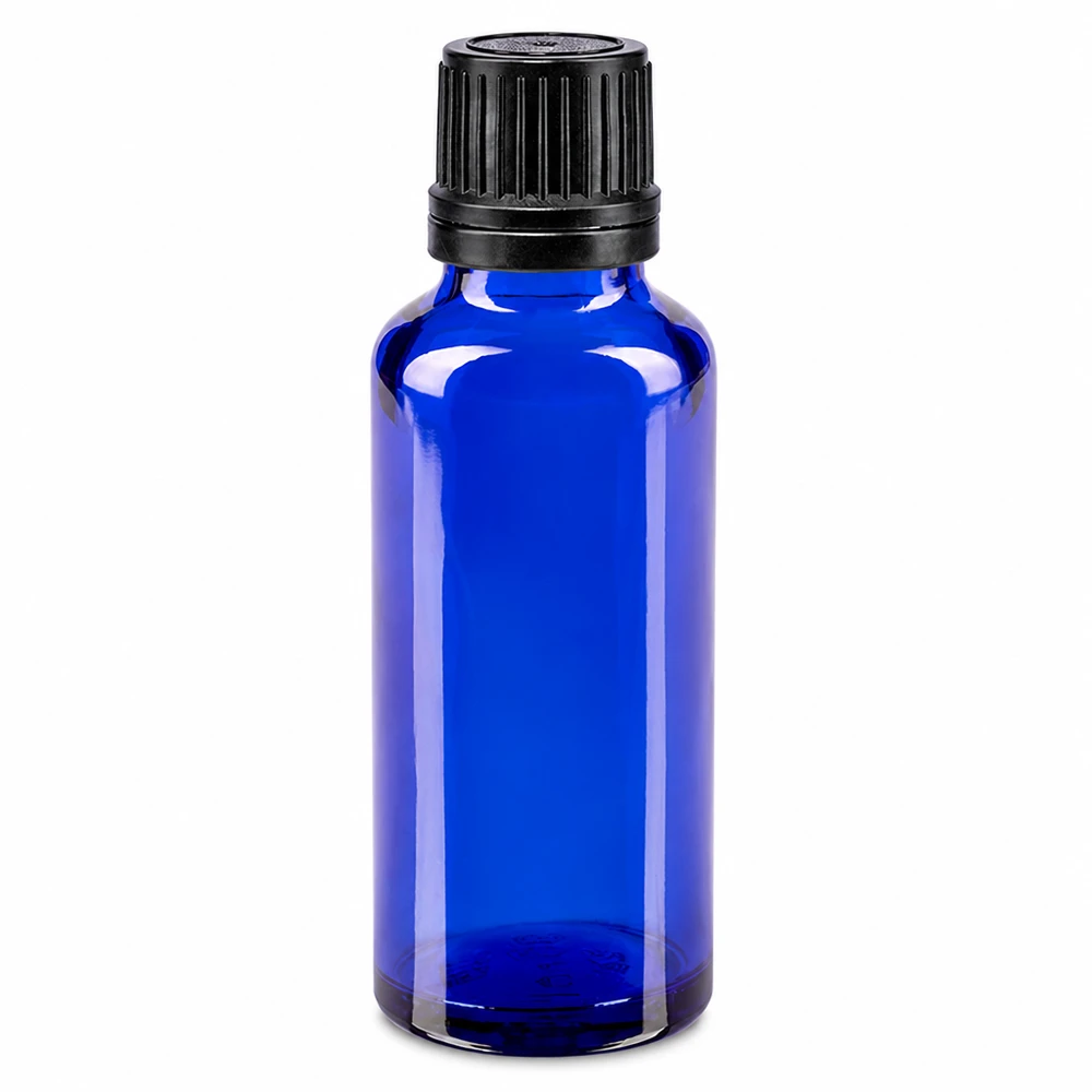 Blaue Medizinflasche 30ml aus Schutzglas mit schwarzem Sicherheitsverschluss 8mm OV