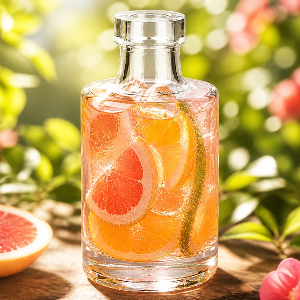 Bottiglia di vetro da 100 ml di Marie con bevanda al pompelmo e cubetti di ghiaccio in un giardino naturale con frutta