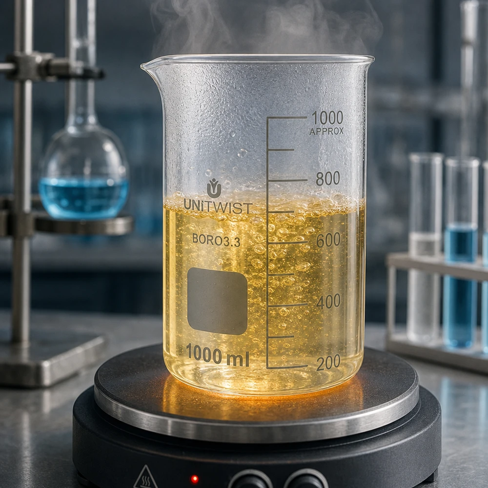 Bicchiere 1000ml borosilicato, stampo alto UNITWIST UNITWIST: becher da 1000 ml, forma alta, in borosilicato, riscaldato su una piastra riscaldante con liquido giallo in ebollizione