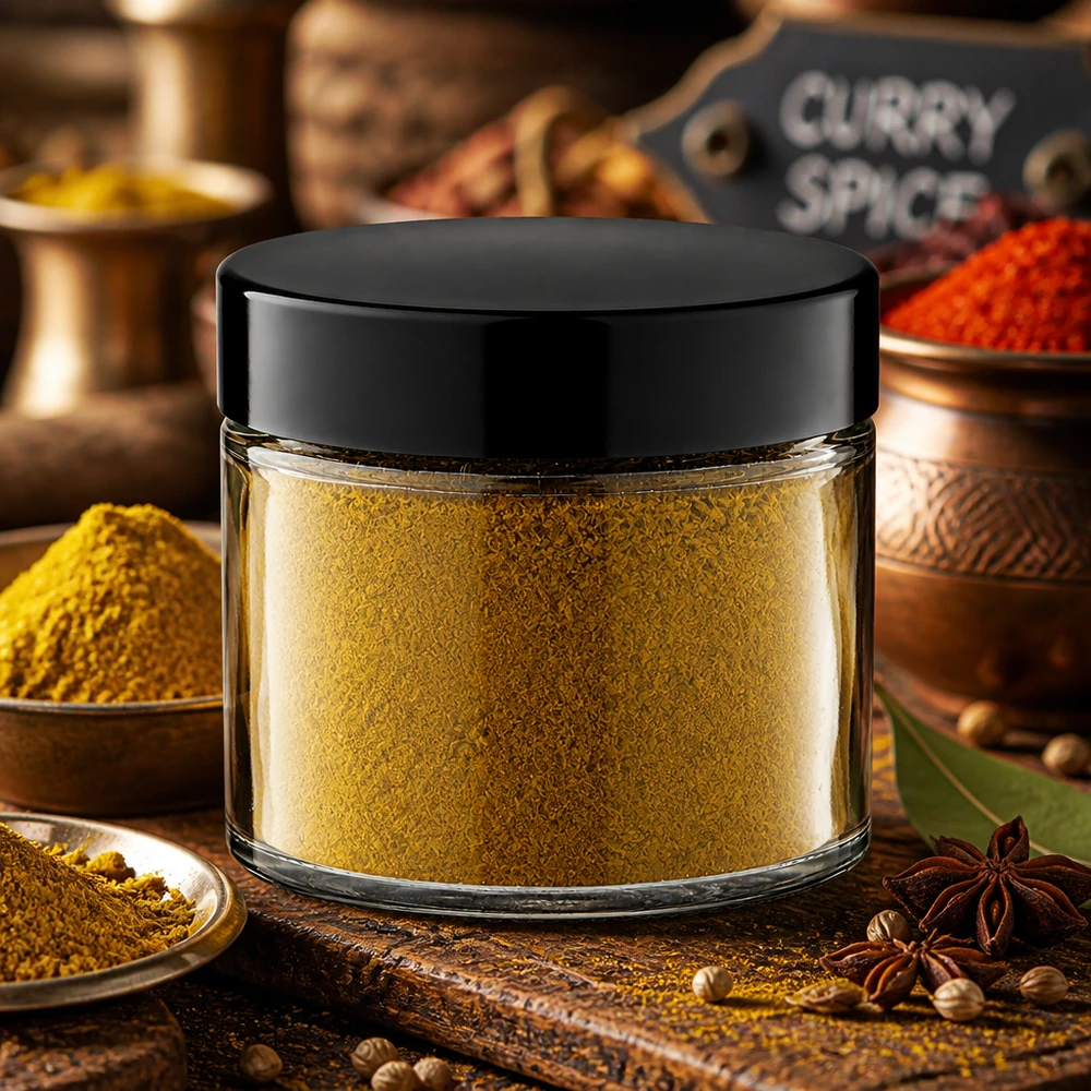 Vaso cilindrico in vetro trasparente da 30 ml con coperchio nero per miscele di spezie indiane