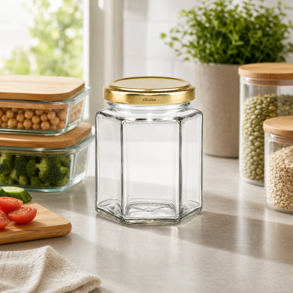 Barattolo UNiTWIST Hexa196 vuoto con coperchio TO58 BioSeal oro sul piano di lavoro della cucina tra i contenitori pieni.