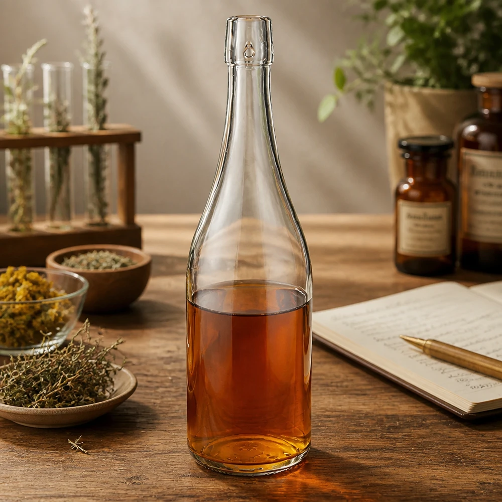 Bottiglia in vetro da 750 ml senza tappo UNiTWIST Bottiglia in vetro UNiTWIST da 750 ml riempita di tisane ambiente speziale erbe officinali essiccate quaderno di ricette