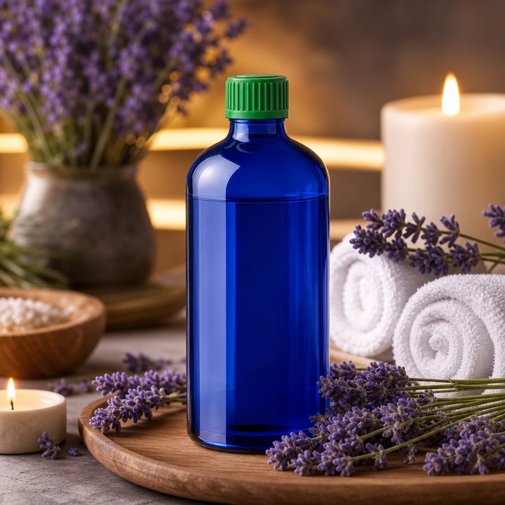100ml Tropfflasche 0.8mm grünStandardverschluss BlueLine UT18/100 Hygienische Aufbewahrung ätherischer Öle in der blauen Glasflasche mit dichtem Grünverschluss