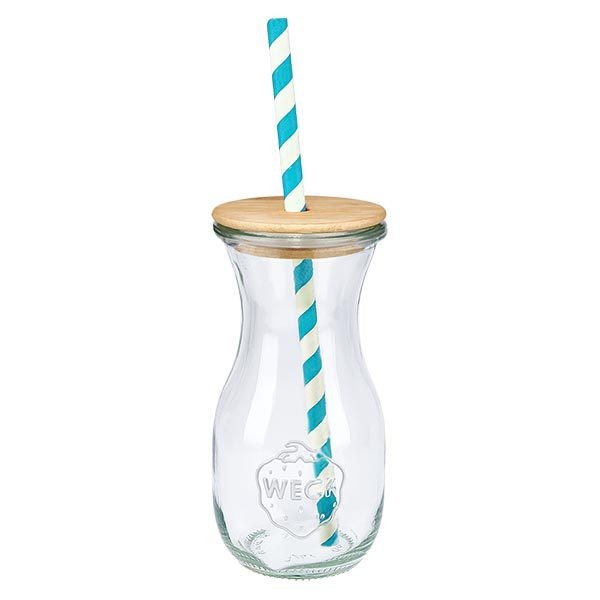 6 x WECK 290ml bottiglia di succo RR60 con coperchio in legno e 100 eco S Bottiglia di vetro WECK da 290 ml con coperchio in bambù e cannuccia di carta bianca e turchese Bottiglia da bere a vista