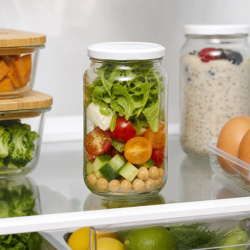 1062ml Rundglas mit BasicSeal Deckel weiß UNiTWIST 1062ml Rundglas BasicSeal Deckel mit Salat im Kühlschrank Meal Prep Container Aufbewahrung frische Lebensmittel