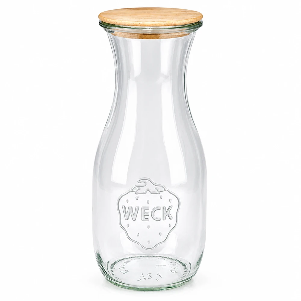 Bottiglia per succhi WECK RR60 da 530 ml con coperchio in legno WECK bottiglia per succhi di frutta 530ml in vetro con coperchio in legno RR60 barattolo per succhi e bevande trasparente
