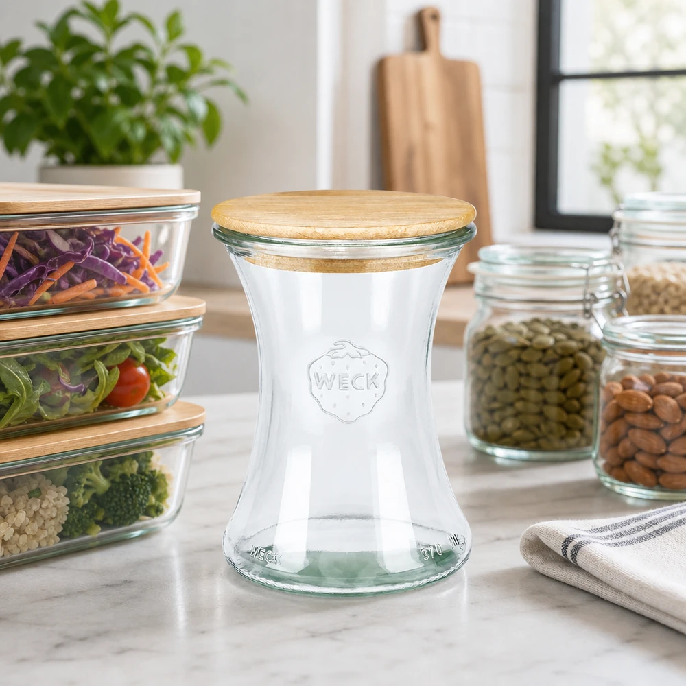 Barattolo per salumi WECK 370ml RR80 con coperchio in legno nelle cucine moderne accanto a barattoli per la conservazione e contenitori per la preparazione dei pasti