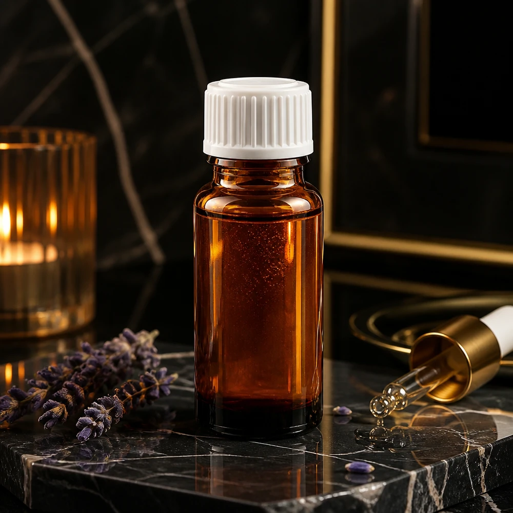 Braune Miniaturflasche 10ml aus ApoGlas mit präzisem Weißverschluss und goldenem Tropfer