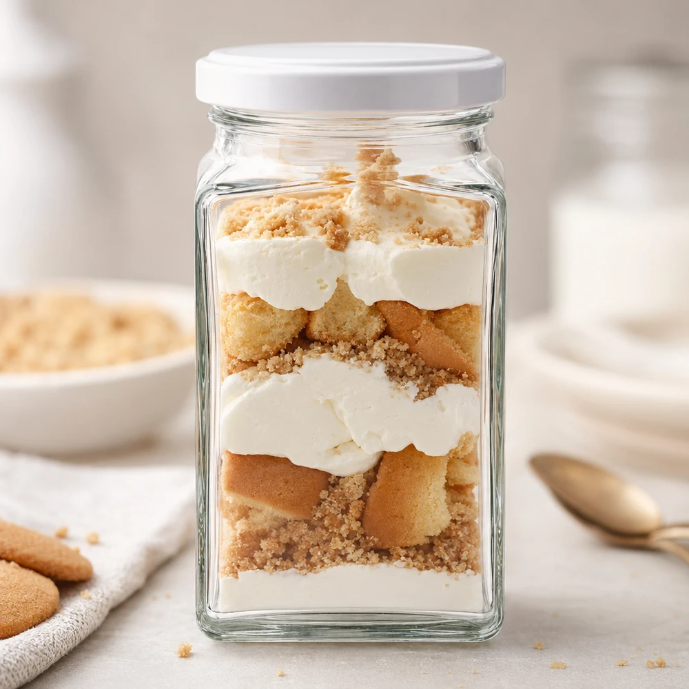 260 ml Bicchiere Tetra BasicSeal bianco come bicchiere da dessert riempito di tiramisù a strati accanto a savoiardi Tavolo da cucina