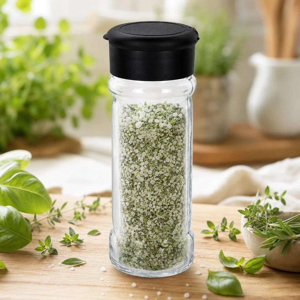 Pot à sel/épices 100 ml avec saupoudreuse, noir Glasstreuer 100ml mit grün-weißem Kräutersalz schwarzem Deckel und frischen Küchenkräutern im Hintergrund