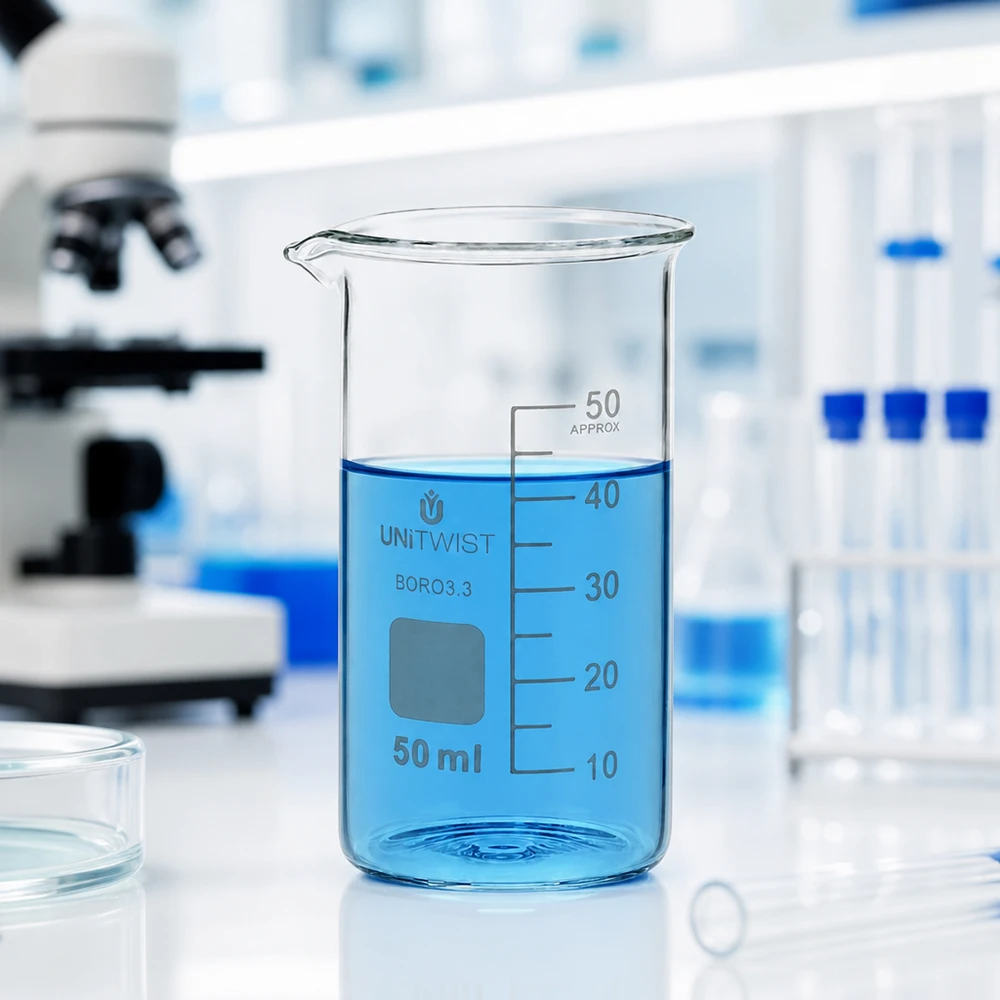 Bicchiere 50ml borosilicato, stampo alto UNITWIST UNITWIST: becher in vetro borosilicato da 50 ml, forma alta, con liquido blu in laboratorio