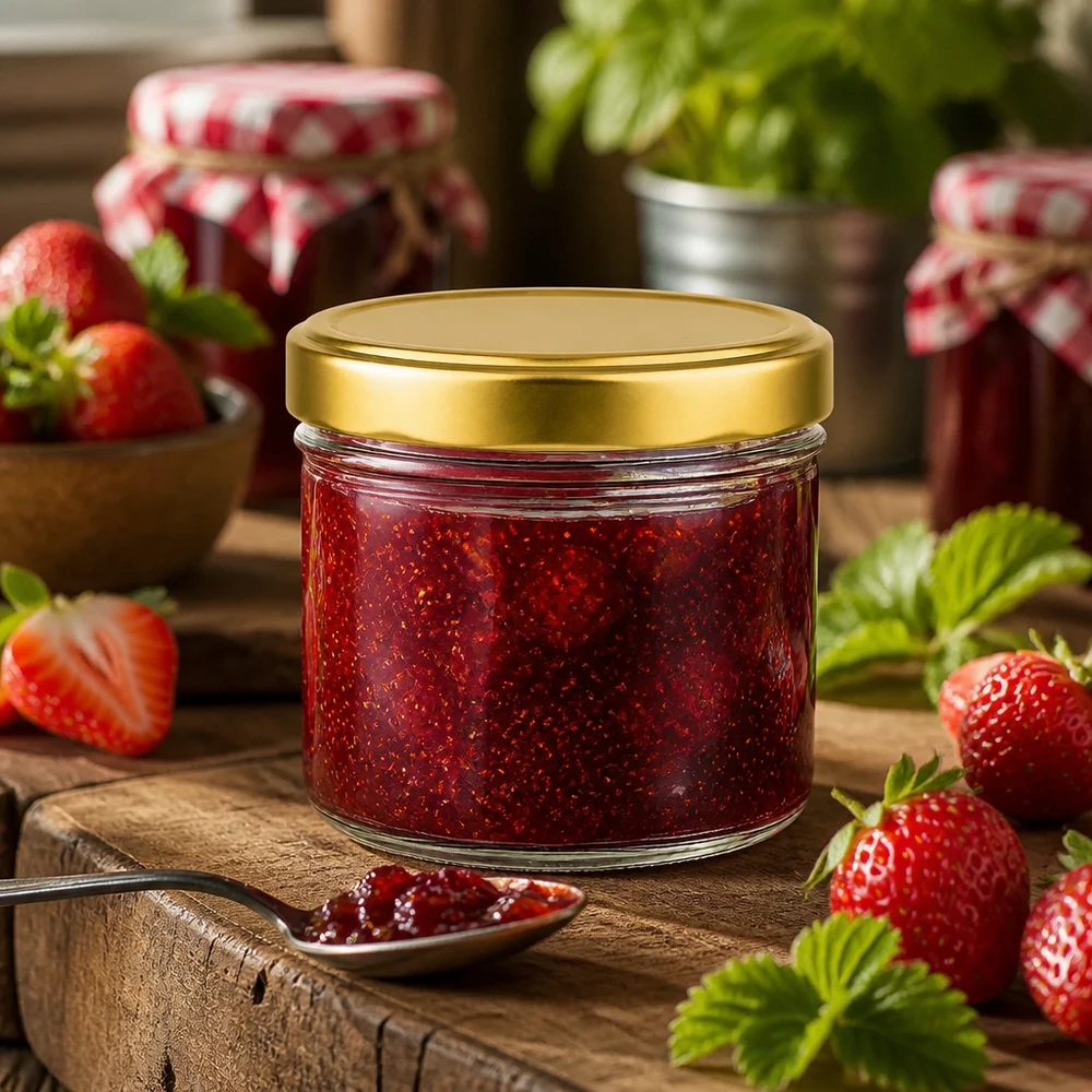 Barattolo cilindrico da 230 ml con coperchio BasicSeal oro UNiTWIST. Barattolo cilindrico da 230 ml riempito di marmellata di fragole coperchio dorato BasicSeal Applicazione esempio barattolo di marmellata