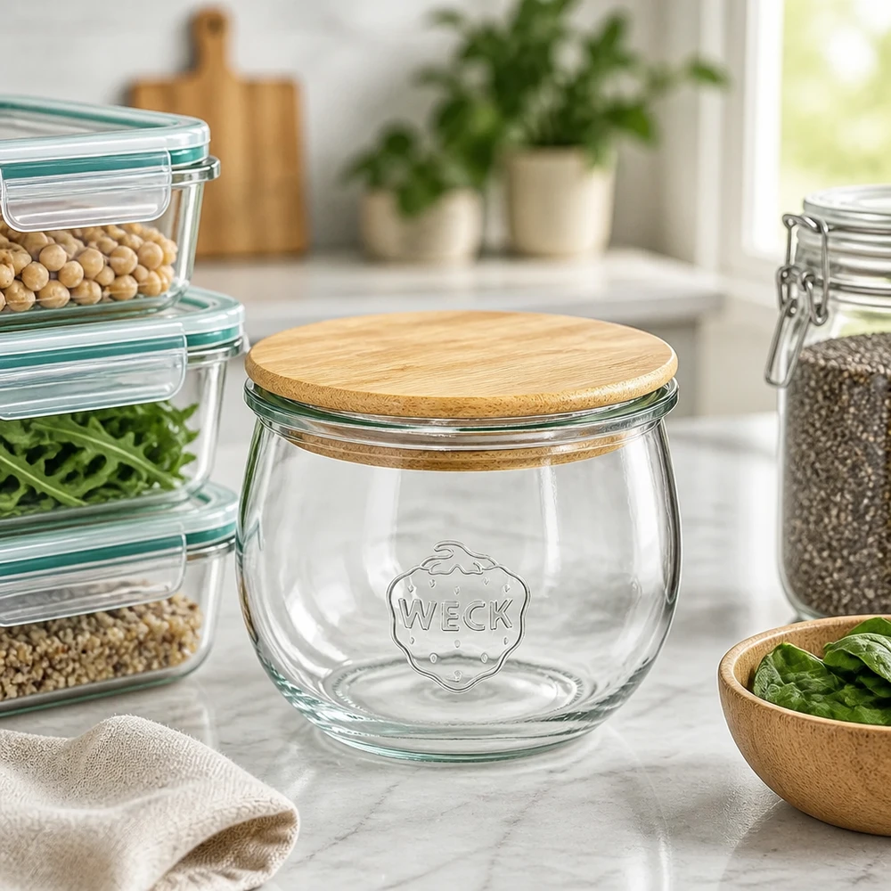 580ml Tulpenglas WECK RR100 mit Holzdeckel WECK Vorratsglas 580ml RR100 mit Holzdeckel in moderner Küche neben gestapelten Glascontainern mit Hülsenfrüchten