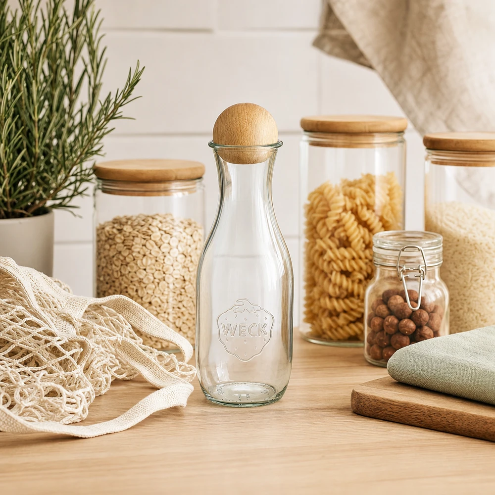 Bottiglia di succo da 1062 ml WECK RR60 con sfera in legno di faggio Bottiglia in vetro WECK 1062ml RR60 in cucina sostenibile con barattoli di stoccaggio a spreco zero, sacchetto di iuta e pianta di rosmarino