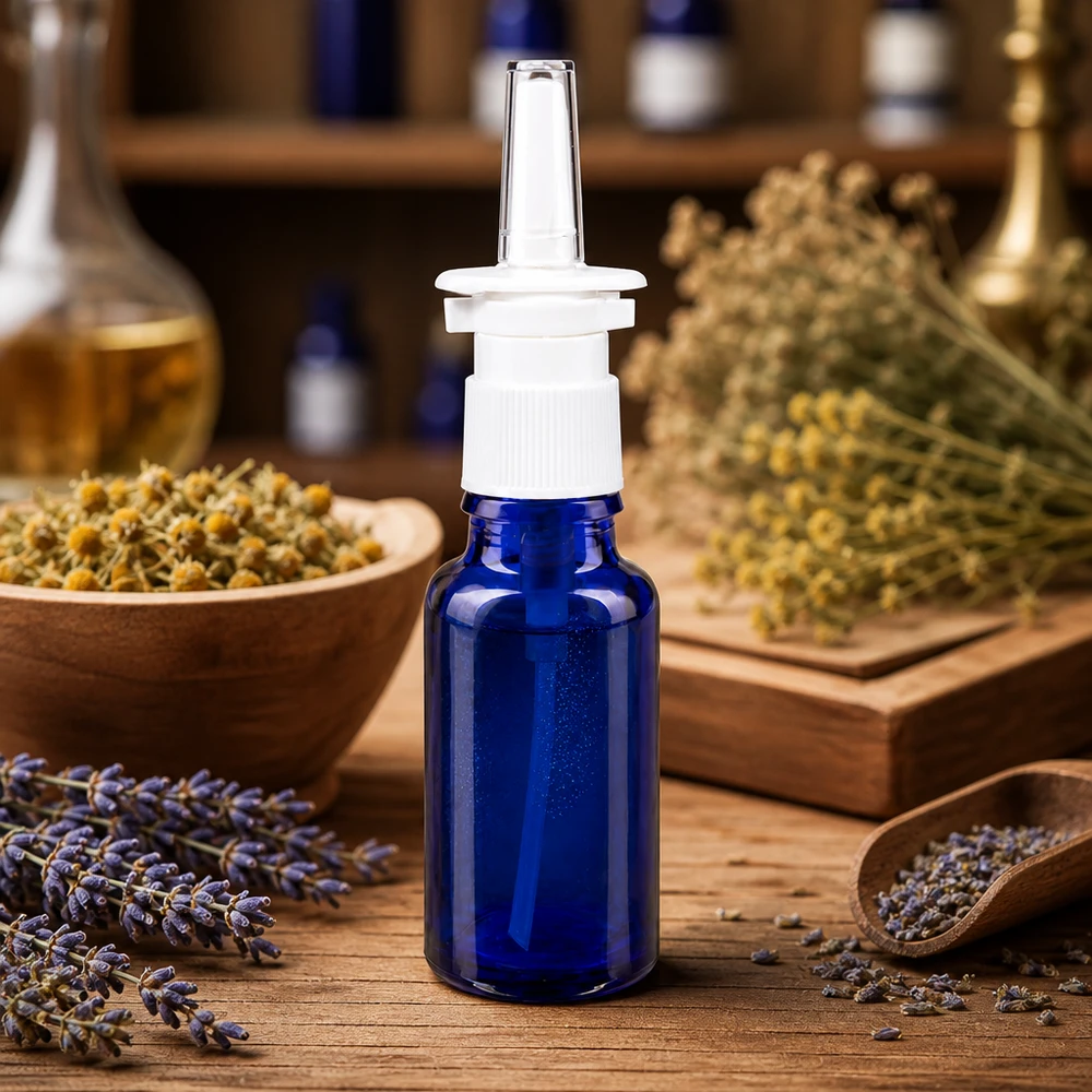 Apothekengerechte 20ml Blauglasflasche mit sterilem Nasensprayaufsatz für Naturheilkunde-Zubereitungen