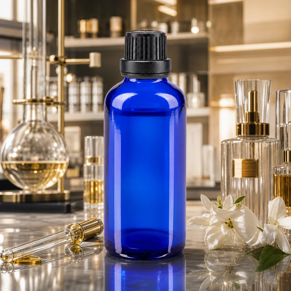Apothekenflasche blau 50ml Schraubverschluss schwarz Dichteinlage Originalitätsverschluss Apothekerflasche Blauglas 50ml mit schwarzem Schraubverschluss auf Marmor