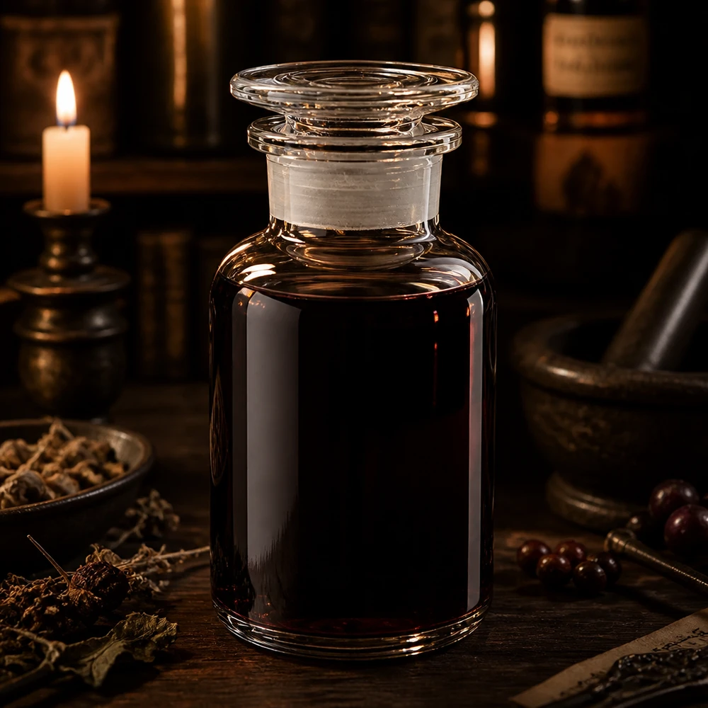 Rundschulterfl. 250ml klar Weithals Glasstopfen Apothekerflaschen 250ml Weithals Klarglas mit Glasstopfen neben Mörser und getrockneten Kräutern