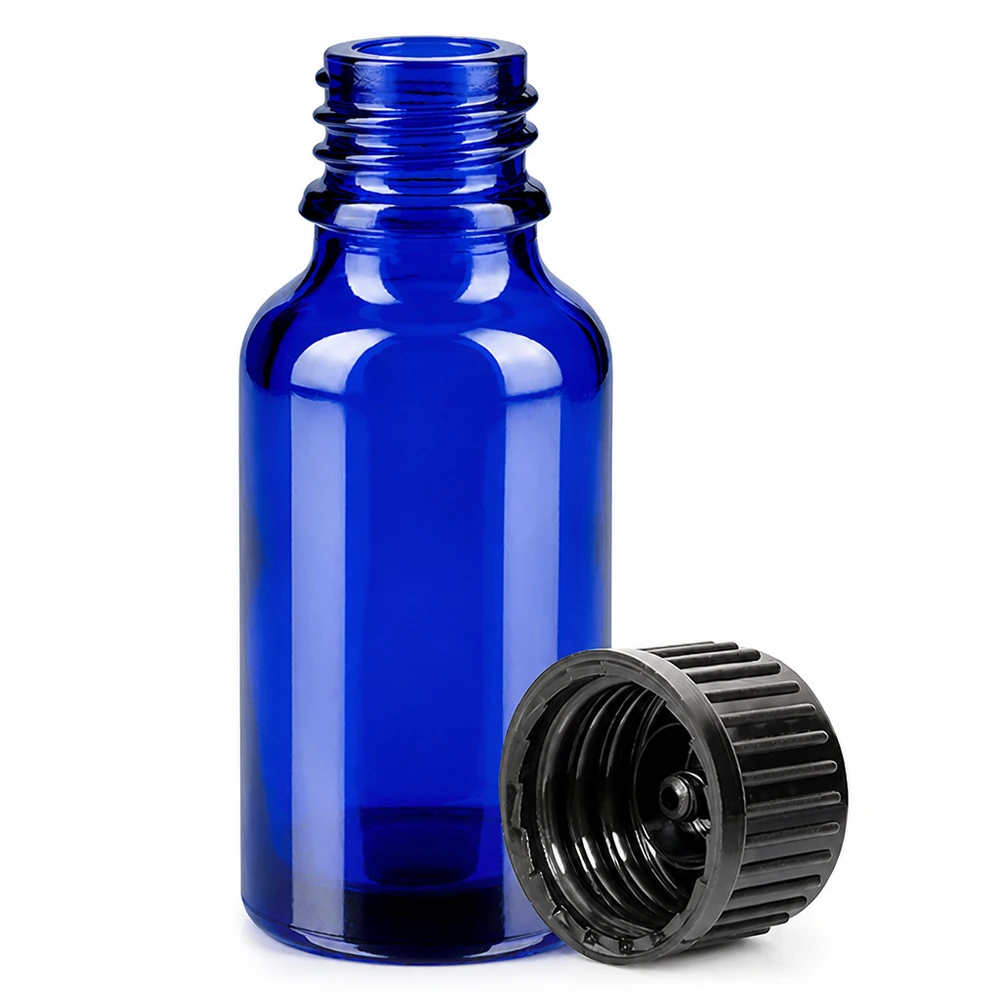 Bottiglia da 20ml 11mm SV nero STD BlueLine UT18/20 Flacone blu cobalto da 20 ml con tappo a vite nero, ideale per uso farmaceutico e di laboratorio.