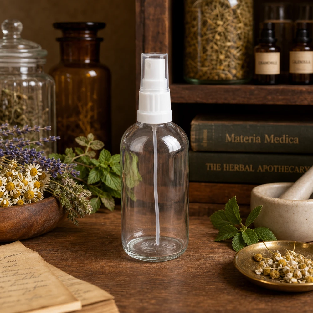 Flacone spray da 100 ml bianco/trasparente STD ClearLine UT18/100 Flacone spray in vetro da 100 ml ClearLine UT18: tra erbe medicinali e trattati di farmacia, cosmetici naturali