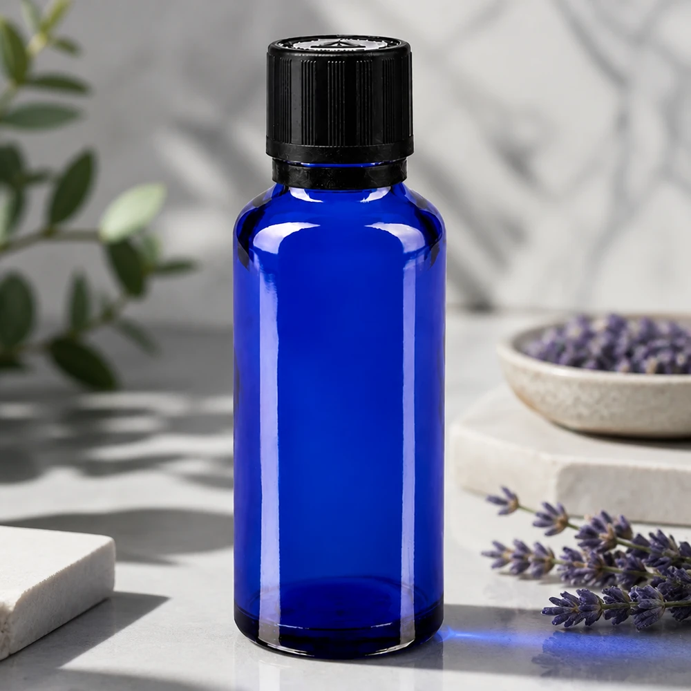 Flacon en verre bleu de 30 ml muni d'un bouchon noir à sécurité enfant, à côté de brins de lavande frais