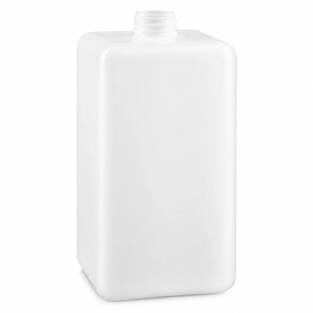Grande bouteille rectangulaire en PE-HD blanche de 1 500 ml, à col étroit GL 32, destinée aux produits chimiques