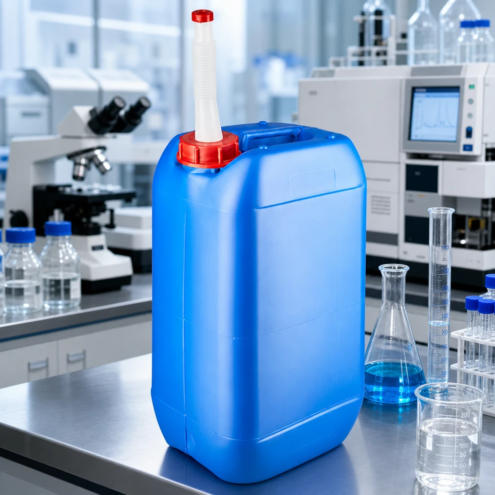 Kanister 15 Liter blau mit Auslaufrohr Flex Chemikalienkanister 15 Liter blau mit flexiblem Rohr neben Erlenmeyerkolben und Messzylindern