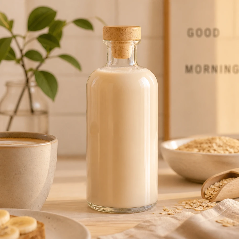 Flacone farmaceutico da 500 ml Flora con tappo in sughero con impugnatura in legno UNiTWIST® Bottiglia di vetro Flora 500ml riempita di latte d'avena tra fiocchi d'avena e ciotola in cucina naturale