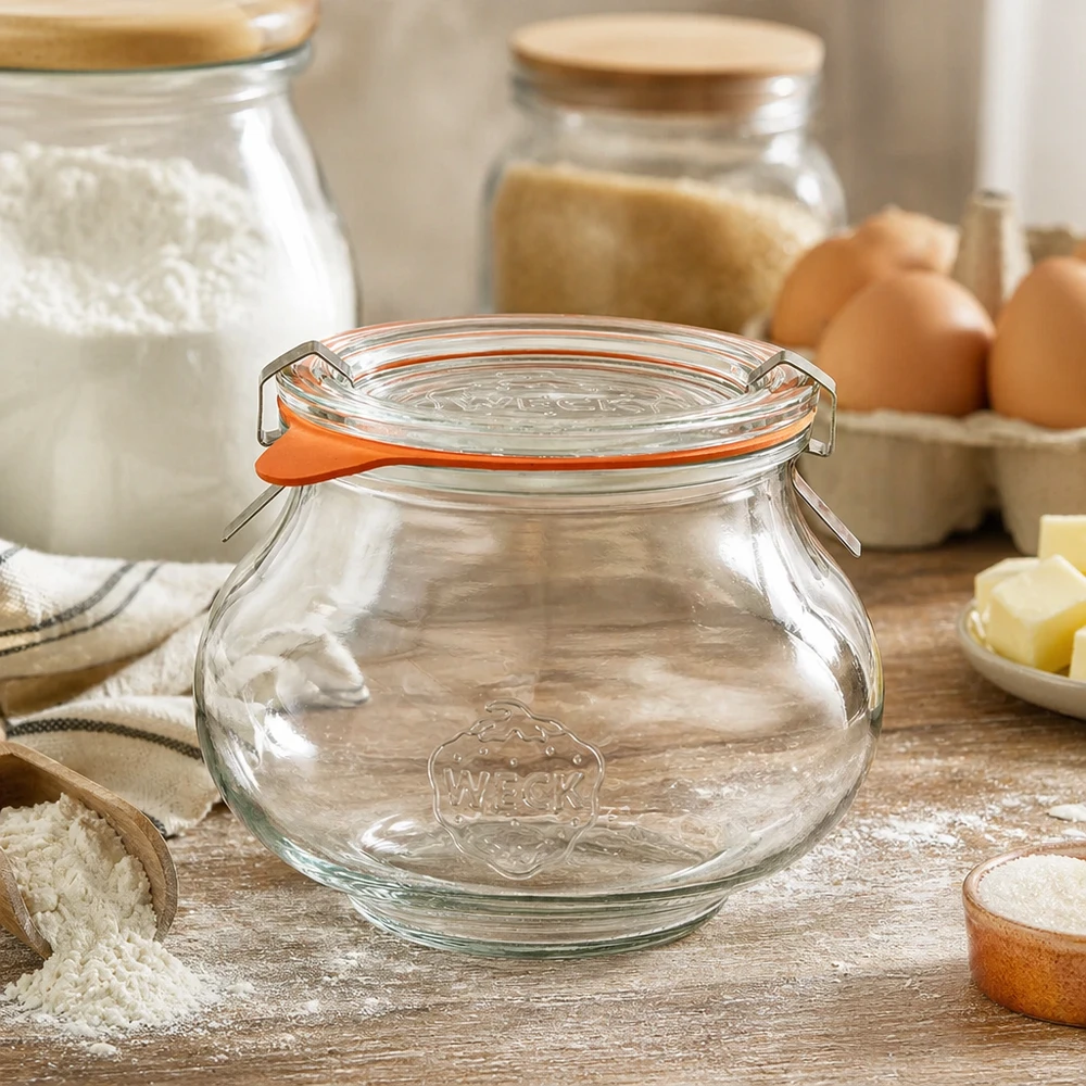 Vaso decorativo da 560 ml completo WECK RR80 WECK vaso decorativo 560ml RR80 in cucina rustica con ingredienti da forno, farina e uova, perfetto per l'organizzazione della cucina
