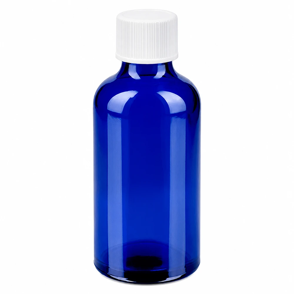 Flacon de 50ml 11mm SV blanc STD BlueLine UT18/50 Flacon cylindrique en verre bleu de 50ml avec bouchon standard blanc de 11mm UT18