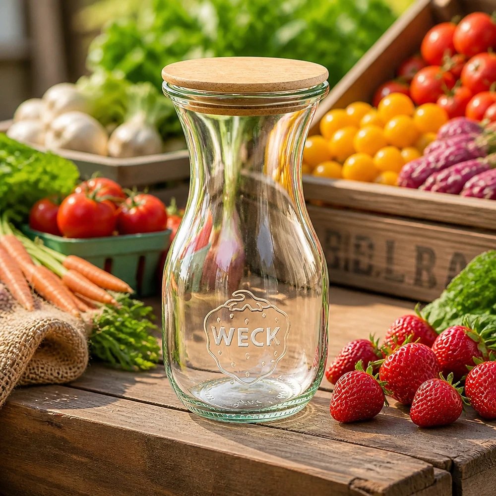 290ml Saftflasche Edition RR60 mit Holzdeckel WECK Glasflasche 290ml mit Korkverschluss zwischen frischem Gemüse und Obst auf rustikalem Holztisch
