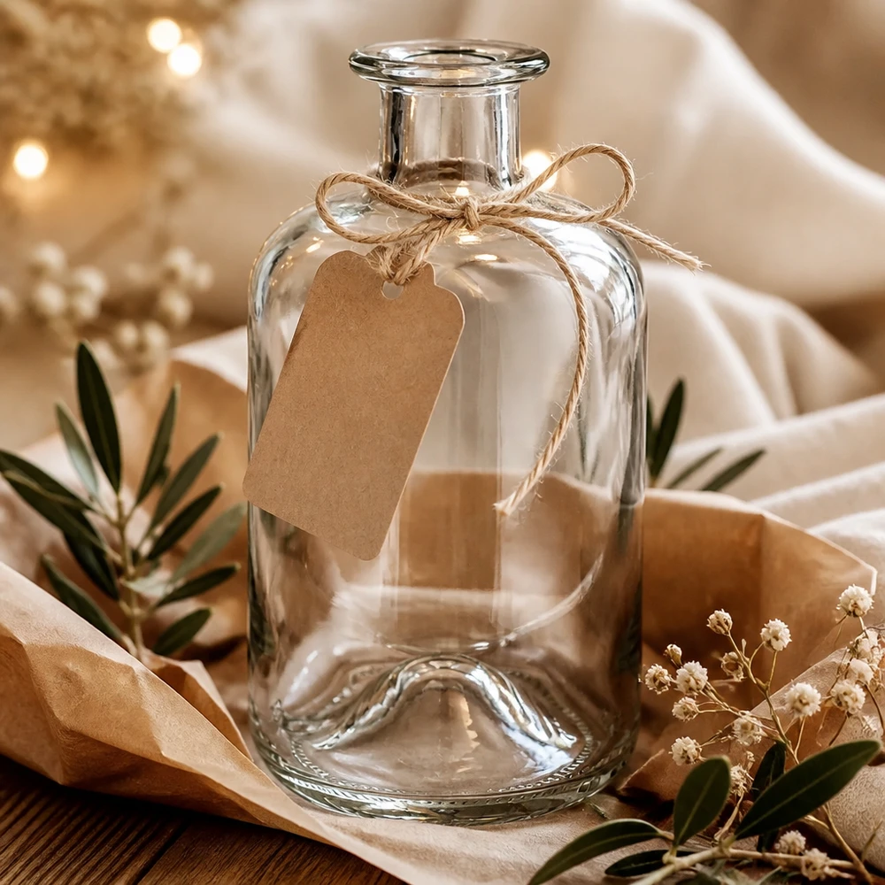 Bottiglia da farmacia Luna 500ml trasparente con etichetta in carta kraft come confezione regalo tra fiori secchi