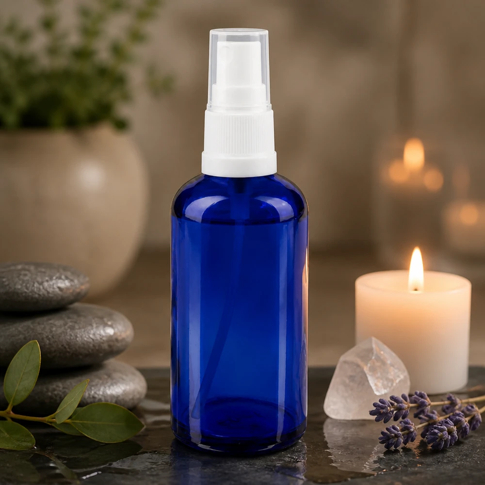 Apothekenflasche blau 50ml Sprayaufsatz weiß Blaue 50ml Glasflasche mit weißem Sprühkopf neben Basaltsteinen und Lavendel