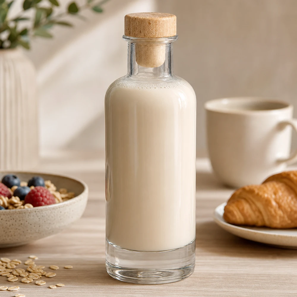 Bottiglia in vetro da 200 ml Ella con tappo in sughero con impugnatura in legno UNiTWIST® Bottiglia di vetro da 200 ml di Ella con tappo di legno riempita di latte d'avena sul tavolo della colazione con muesli e croissant