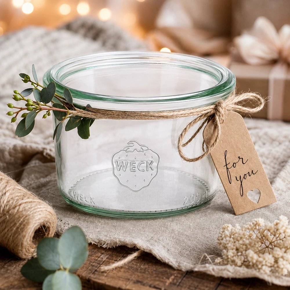 Barattolo WECK RR80 da 200 ml Bicchieri WECK 200ml RR80 con coperchio, decorati con eucalipto e etichetta regalo su un tavolo di legno rustico