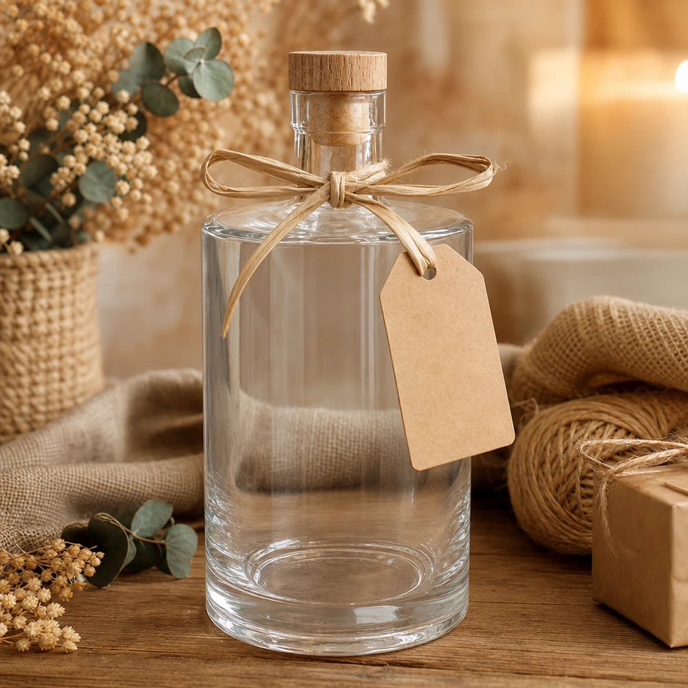 Bottiglia in vetro da 700 ml Marie con tappo in sughero con impugnatura in legno UNiTWIST® 700ml Glasflasche Marie leer mit Holzkorken und Geschenkanhänger in gemütlicher Deko-Szene mit Jute und Blumen
